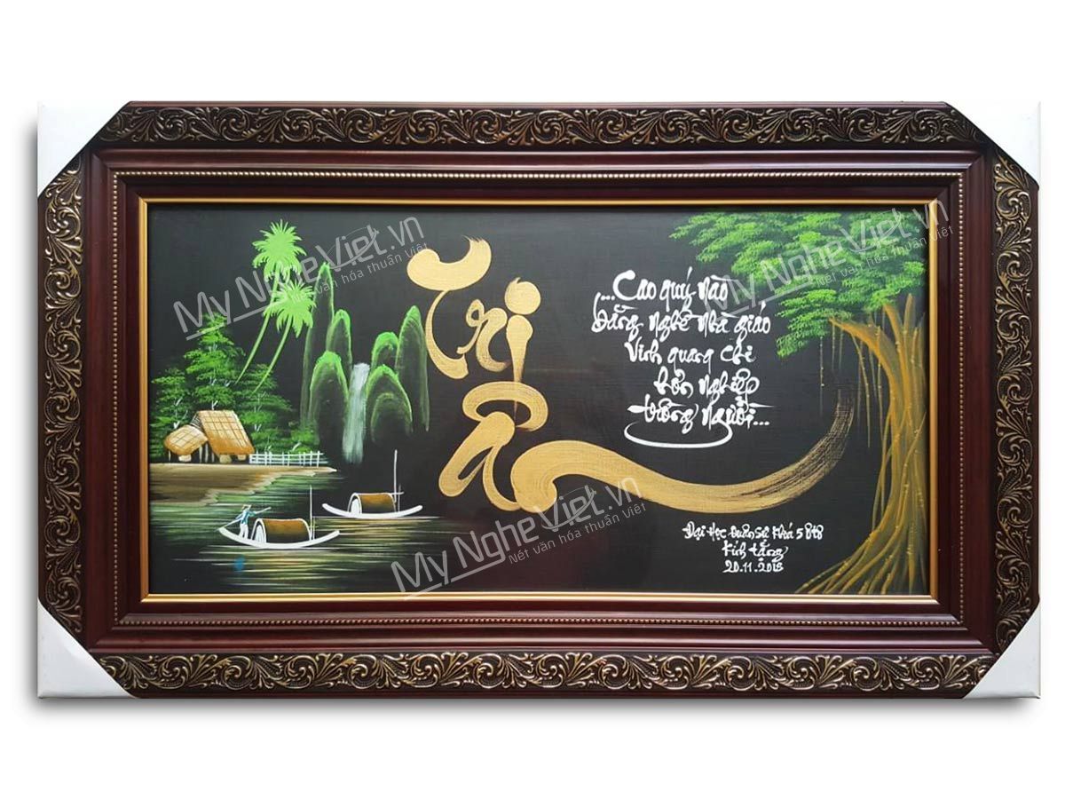 Tranh thư pháp chữ Tri Ân nền đen