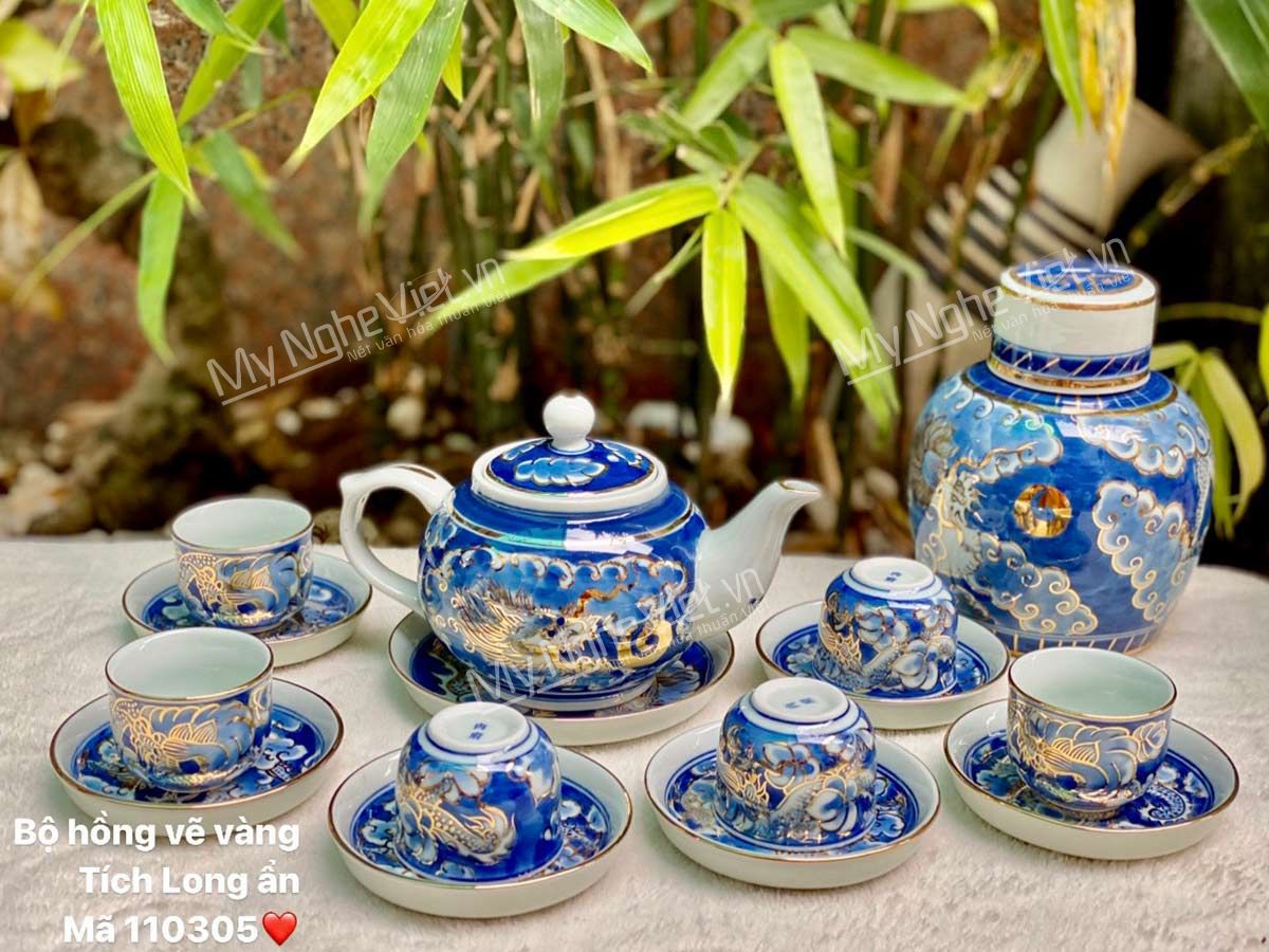 Bình trà vẽ vàng gốm Bát Tràng