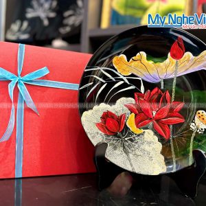 Tranh đĩa sơn mài hoa sen đắp nổi MNV-TDTBL26