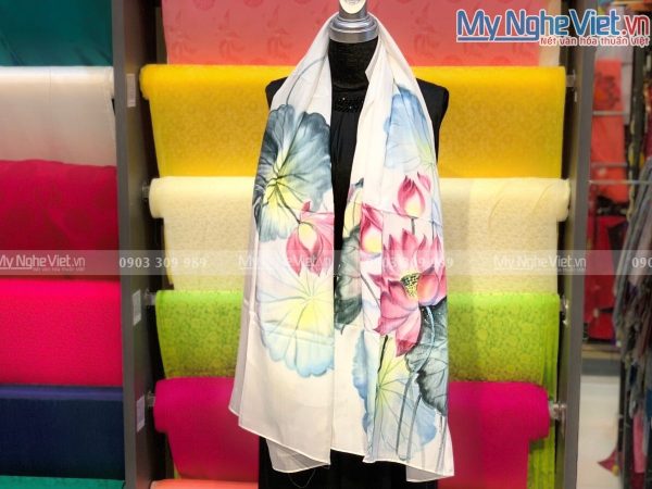 Khăn Choàng Cổ Lụa Hà Đông Vẽ Sen Cao Cấp MNV-KLLS09-20 - Hình ảnh 3