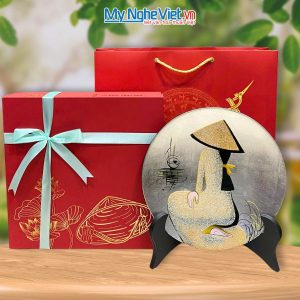Tranh đĩa sơn mài cô gái quỳ nhiều mẫu bạc D25cm TD25-Q + Hộp Cao Cấp