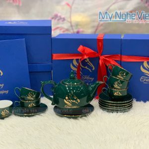 Bộ bình trà ( ấm chén) men xanh cổ vịt in logo Tiến Hùng HDTH01