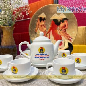 Bộ bình trà ( ấm chén) dáng tiệp in logo Đại Hội Công Đoàn cơ sở MNV-HĐ02-DL