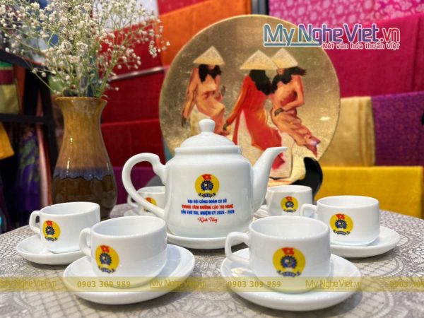 Bộ bình trà ( ấm chén) dáng tiệp in logo Đại Hội Công Đoàn cơ sở MNV-HĐ02-DL