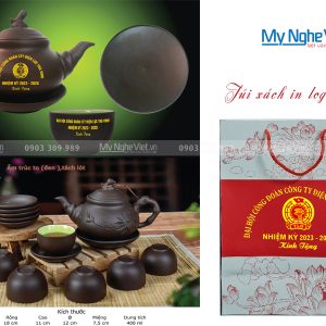 Bộ bình trà ( ấm chén ) tử sa in logo Điện Lực Trà Vinh HDDLTV01
