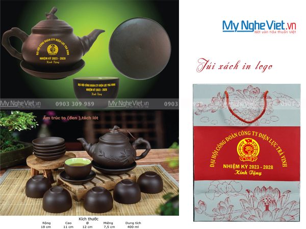 Bộ bình trà ( ấm chén ) tử sa in logo Điện Lực Trà Vinh HDDLTV01